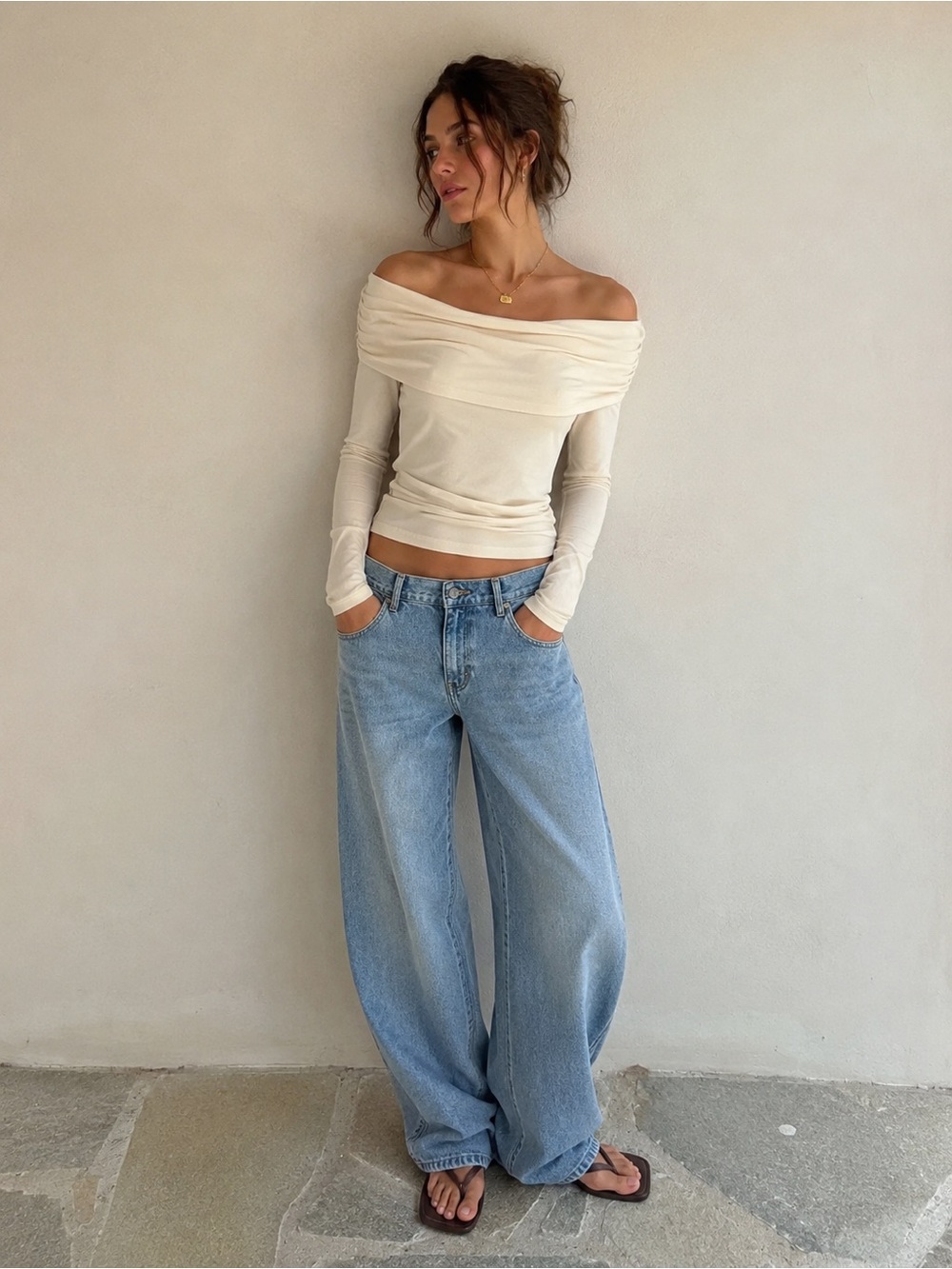 Free People Cream Off Shoulder Cowl Neck Top Large NWOT Boho Balletcore
